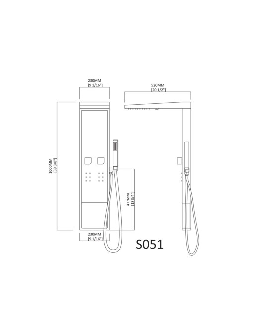 Dimensions de la colonne d'hydromassage S051B