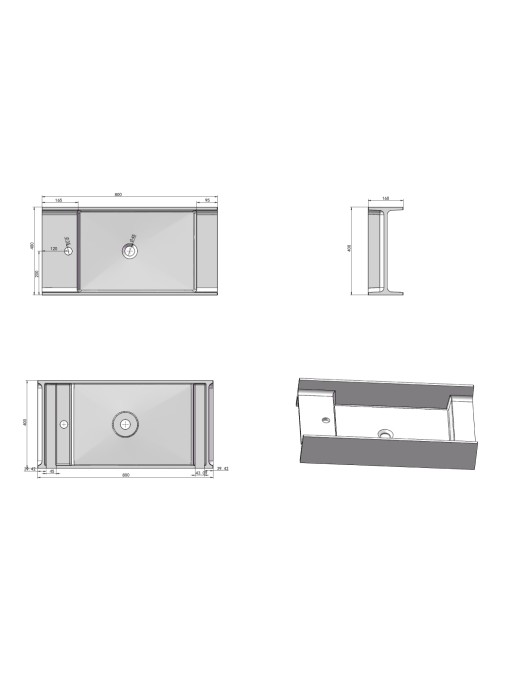 Dimensions du plan vasque suspendu SDV67L version gauche