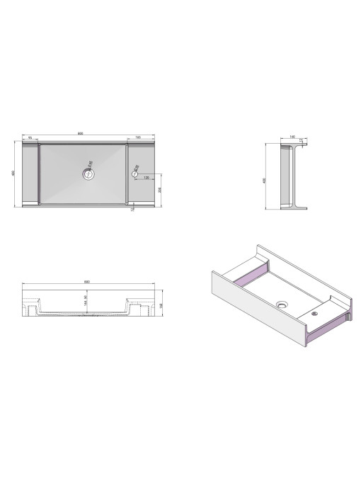 Dimensions et schéma du plan vasque SDV67R version droite