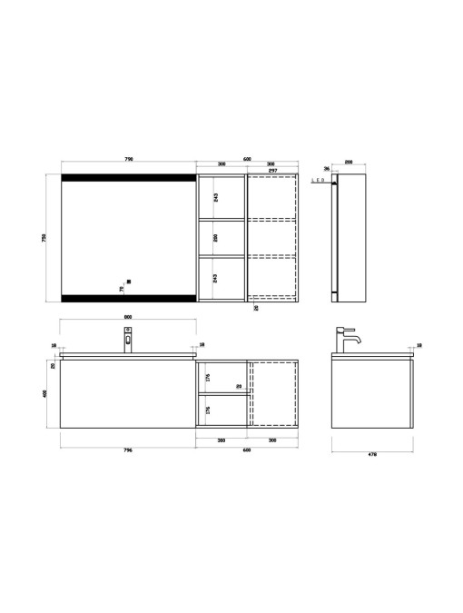 Dimensions Meuble simple vasque ALASSIO 800