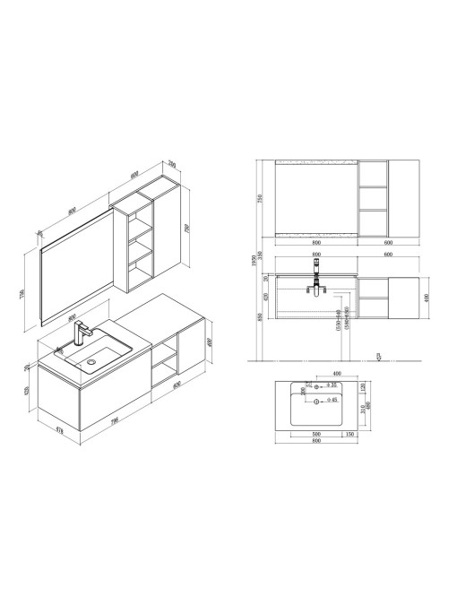 Plan technique Meuble simple vasque ALASSIO 800