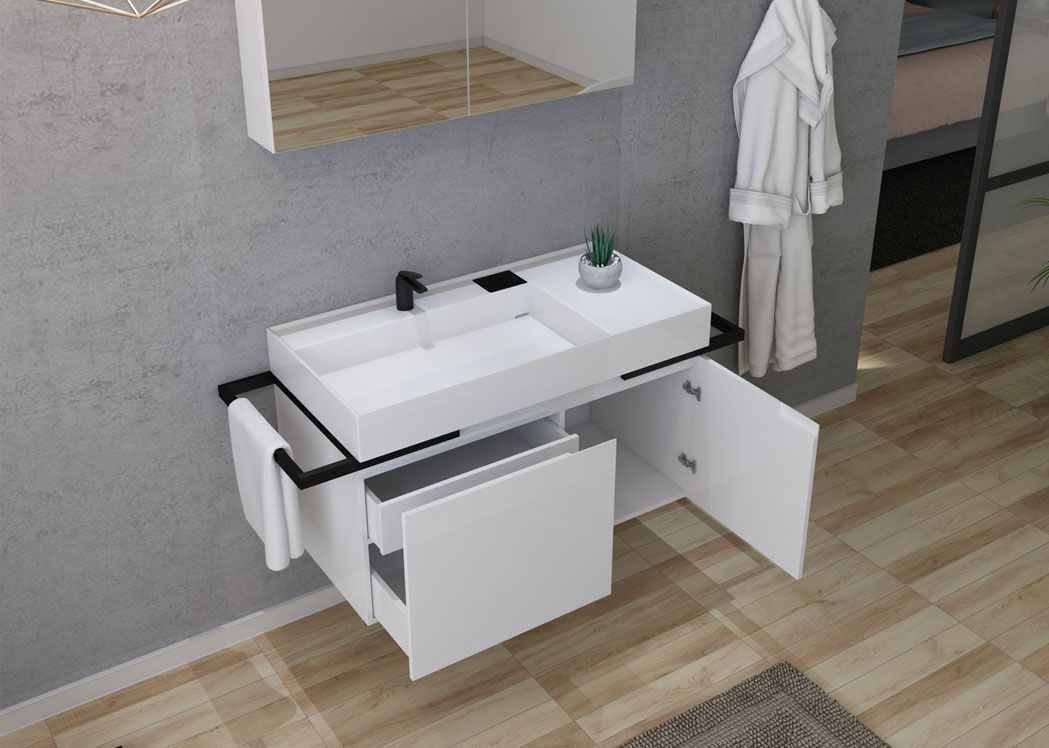 Meuble avec miroir pour salle de bain 100 cm, meuble de salle de bain blanc  laqué Teramo