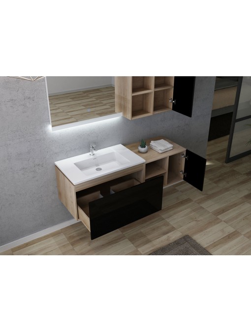 Meuble de salle de bain ALASSIO 800 Noir avec placards et niches ouvertes