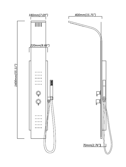 Taille de la colonne de douche hydromassante ES011