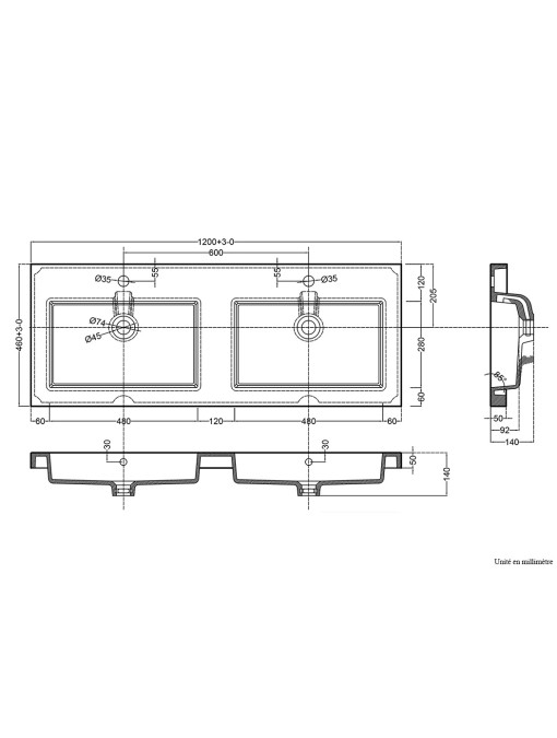 Schémas et dimensions meuble double vasque Casoria