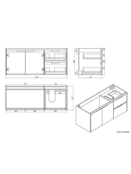 Meuble de salle de bain CASORIA 1200 mesures des évacuations