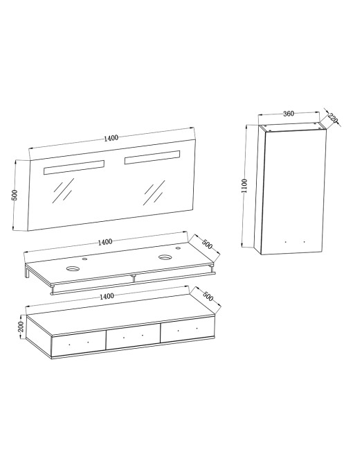Plan et cotes meuble double vasque Gris taupe VIRTUOSE DUO