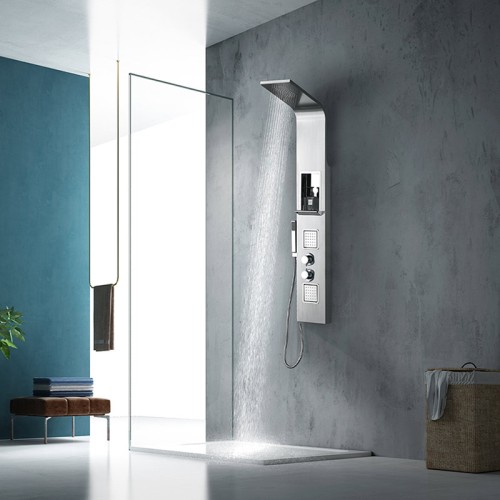 Colonne de douche hydromassante design noir et bois A216