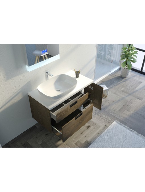 Meuble de salle de bain SCARLINO 1000 Chêne Grisé avec tiroirs et placard