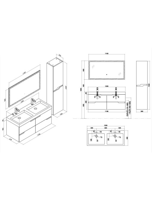 Meuble de salle de bain double vasque CALABRO 1200 Blanc