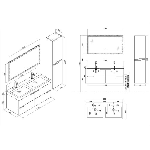 Meuble de salle de bain double vasque CALABRO 1200 Blanc