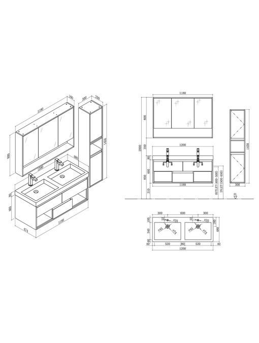 Plans meuble de salle de bain simple vasque ANZIO 1200