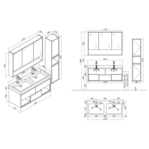 Meuble de salle de bain 2 places ANZIO 1200