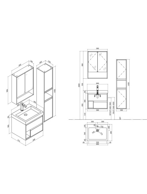 Plans meuble de salle de bain simple vasque ANZIO 600