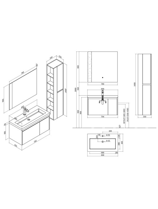 Plans meuble simple vasque AZAMARA 800