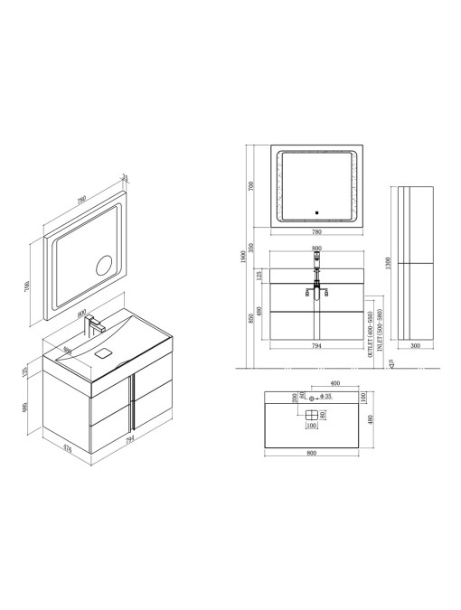 Plans Meuble simple vasque BOREAL 800