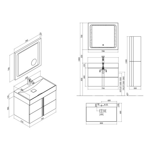 Meuble simple vasque BOREAL 800