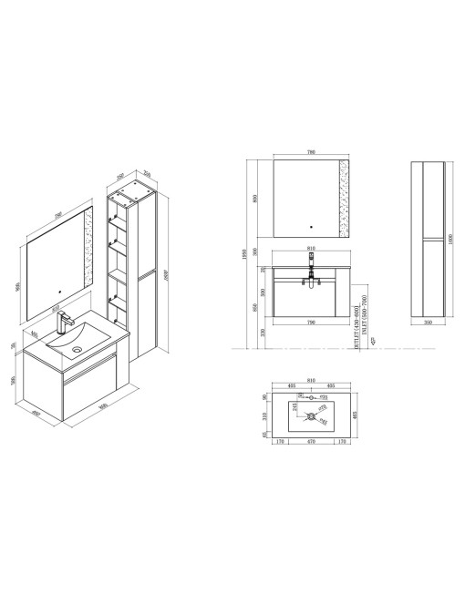 Dimensions de l'ensemble BOVALINO 800 Chêne Foncé