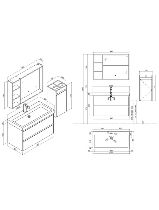 Plans meuble de salle de bain simple vasque BRIANZA 1000