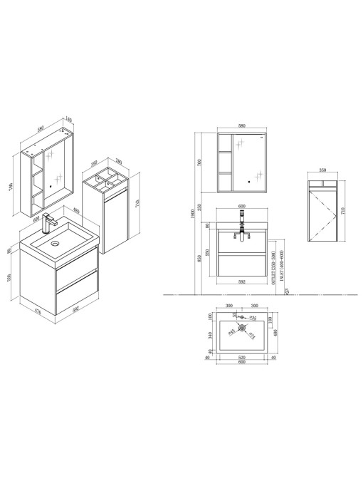 Plans meuble de salle de bain simple vasque BRIANZA 600