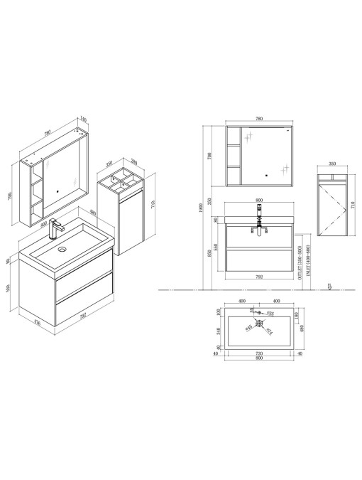 Plans meuble de salle de bain simple vasque BRIANZA 800