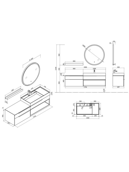 Plans et dimensions Meuble de salle de bain Eleganzza 1800 Blanc