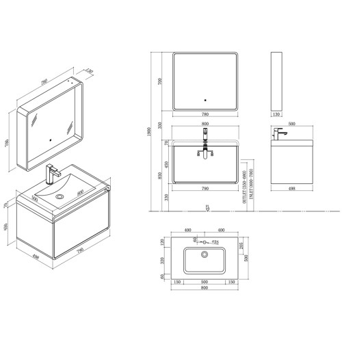 Meuble de salle de bain LUMARZO 800SC-N
