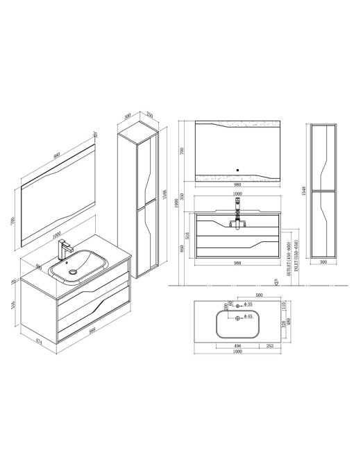 Meuble de salle de bain URBINO 1000 Scandinave et Blanc
