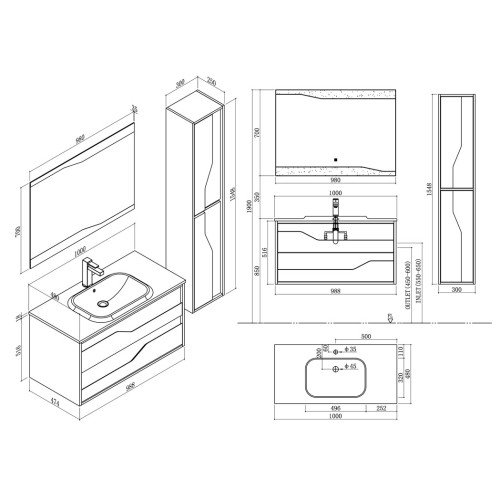Meuble salle de bain 1 vasque URBINO 1000 Scandinave et Blanc