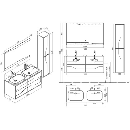 Ensemble de salle de bain URBINO 1200 Scandinave et Blanc