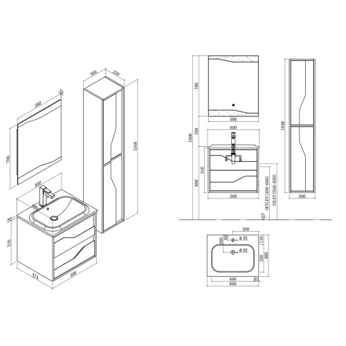 Meuble de salle de bain simple vasque URBINO 600 Scandinave et Noir