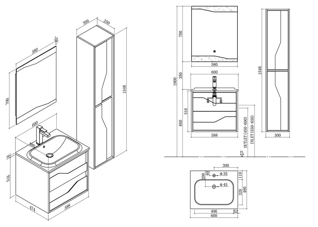 Petit meuble mural pour salle de bain, meuble de salle de bain pour petit  espace Urbino