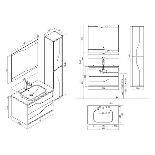 Meuble de salle de bain simple vasque URBINO 800 Scandinave et Noir