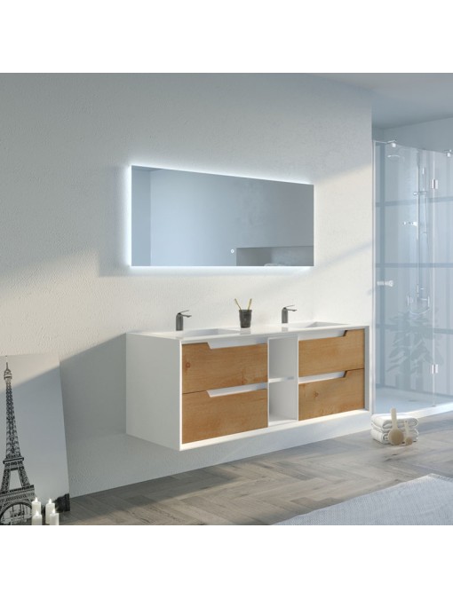 Meuble de salle de bain Lazzaro 1400 Bois naturel et Blanc