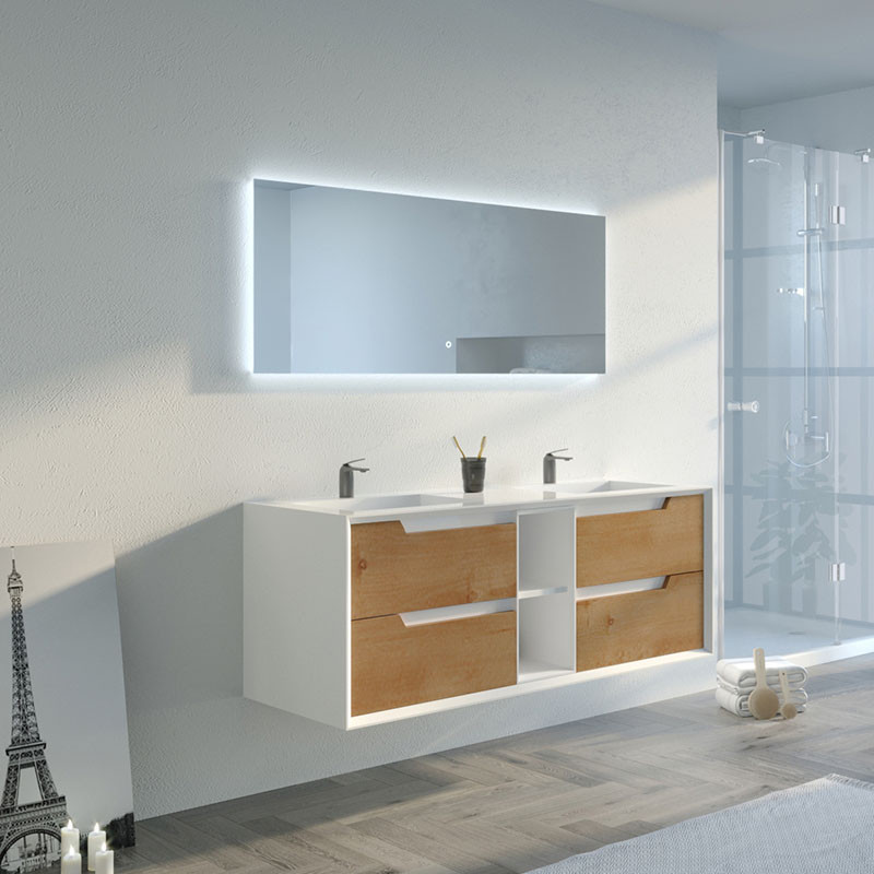 Meuble de salle de bain Lazzaro 1400 Bois naturel et Blanc