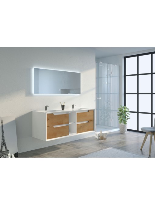Meuble de salle de bain Lazzaro 1400 Bois naturel et Blanc