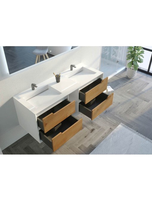 Meuble de salle de bain Lazzaro 1400 Bois naturel et Blanc