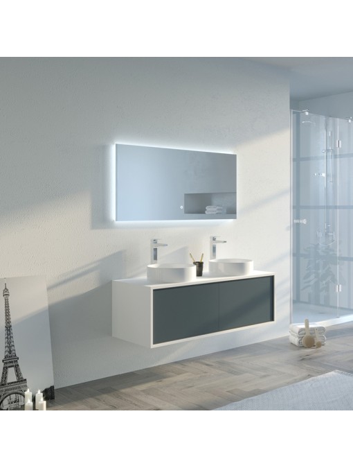 Meuble double vasque de salle de bain Maruca 1200 Gris béton et Blanc