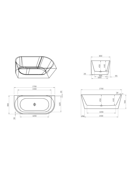 Plan dimensions Baignoire îlot Lazzio Black
