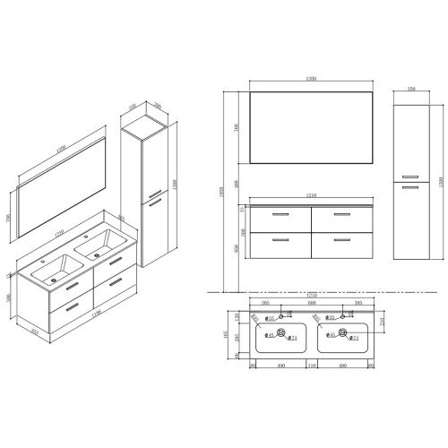 Meuble de salle de bain LANZARA 1200 Chêne gris