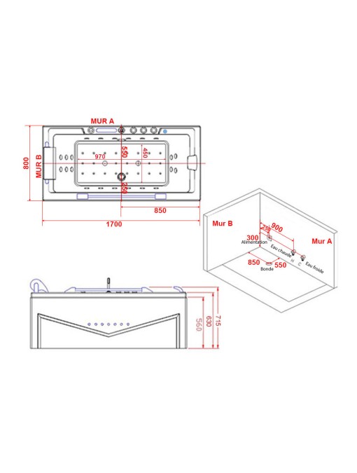 Plan implantation Baignoire balnéo D-Cleveland 46 jets