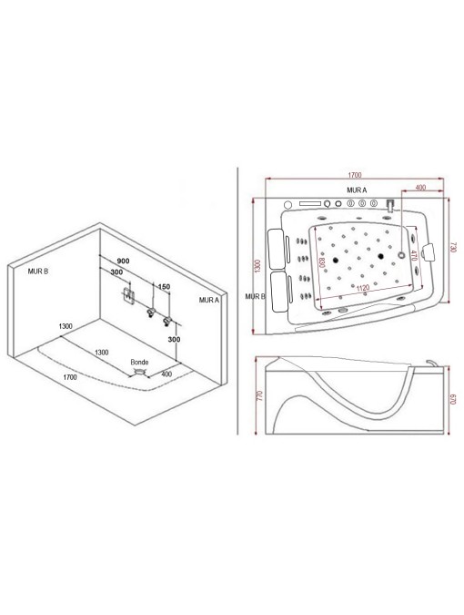Plan et implantation Baignoire balnéo D-Neptune 47 jets