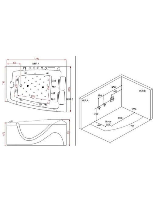 Plan et implantation Baignoire balnéo G-Neptune 47 jets