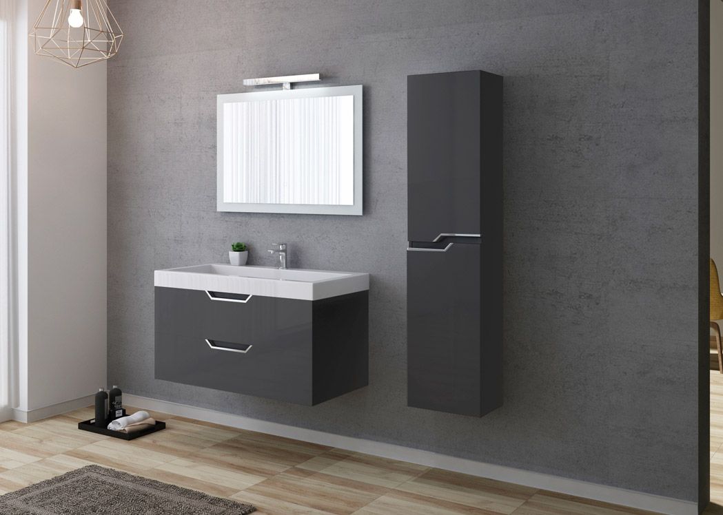 Meuble salle de bain TOUCH 70 cm avec 2 tiroirs anthracite brillant et plan  chêne à noeuds - Iperceramica