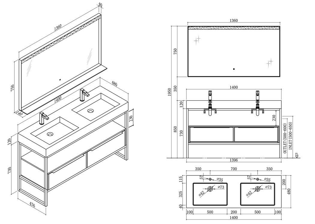 Ensemble de Meuble de salle de bain Dune-2 - 140cm (70x2) - Valenzuela