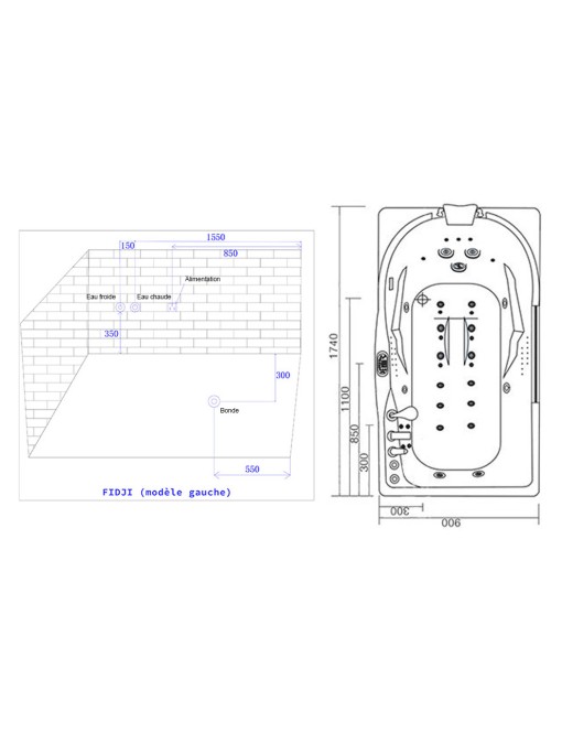 Baignoire balnéo G-Fidji 30 jets plan implantation