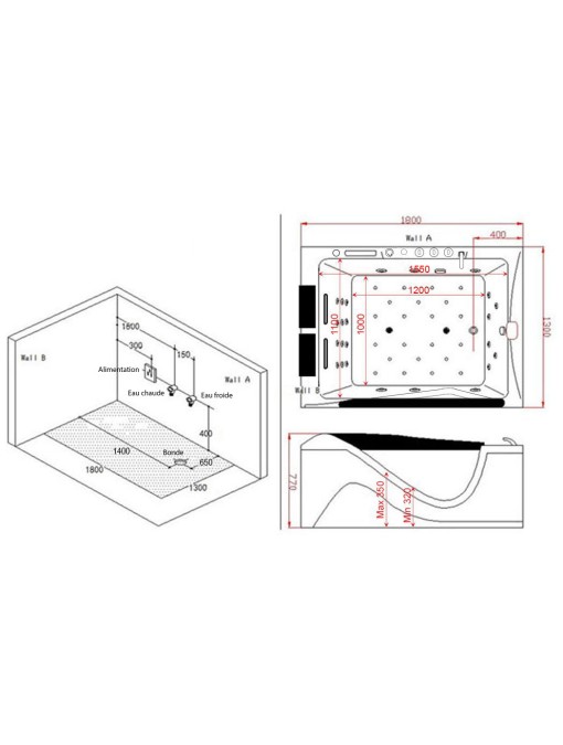 Plan Implantation Baignoire balnéo D-Cayenne 48 jets