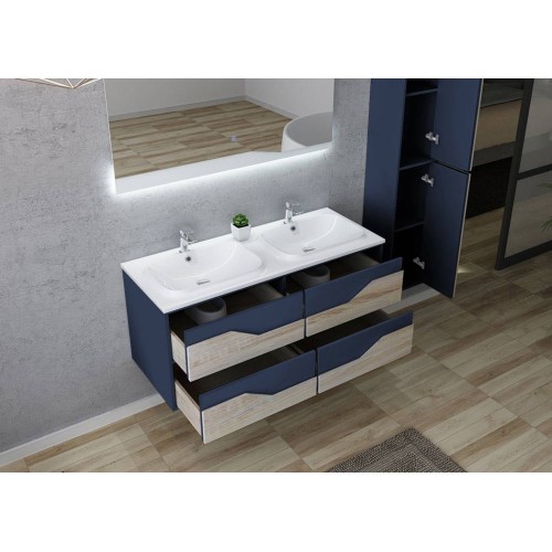 Meuble double vasque suspendu bleu et bois URBINO 1200 SC-BS