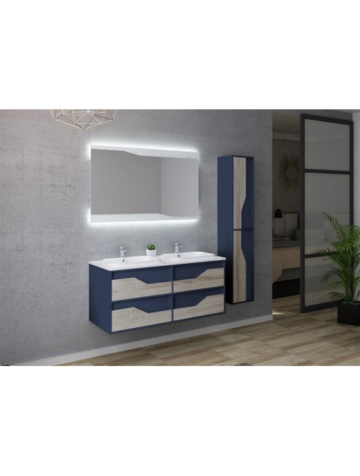 Meuble avec colonne et double vasque URBINO 1200 Scandinave et Bleu Saphir