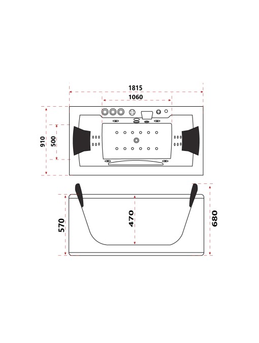 Plan dimensions Baignoire balnéo Caïman-S 28 jets